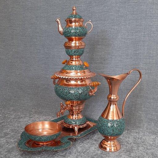 سرویس سماور مسی فیروزه کوبی و قلم زنی شده ارتفاع 55 سانتیمتر برند پرنسا